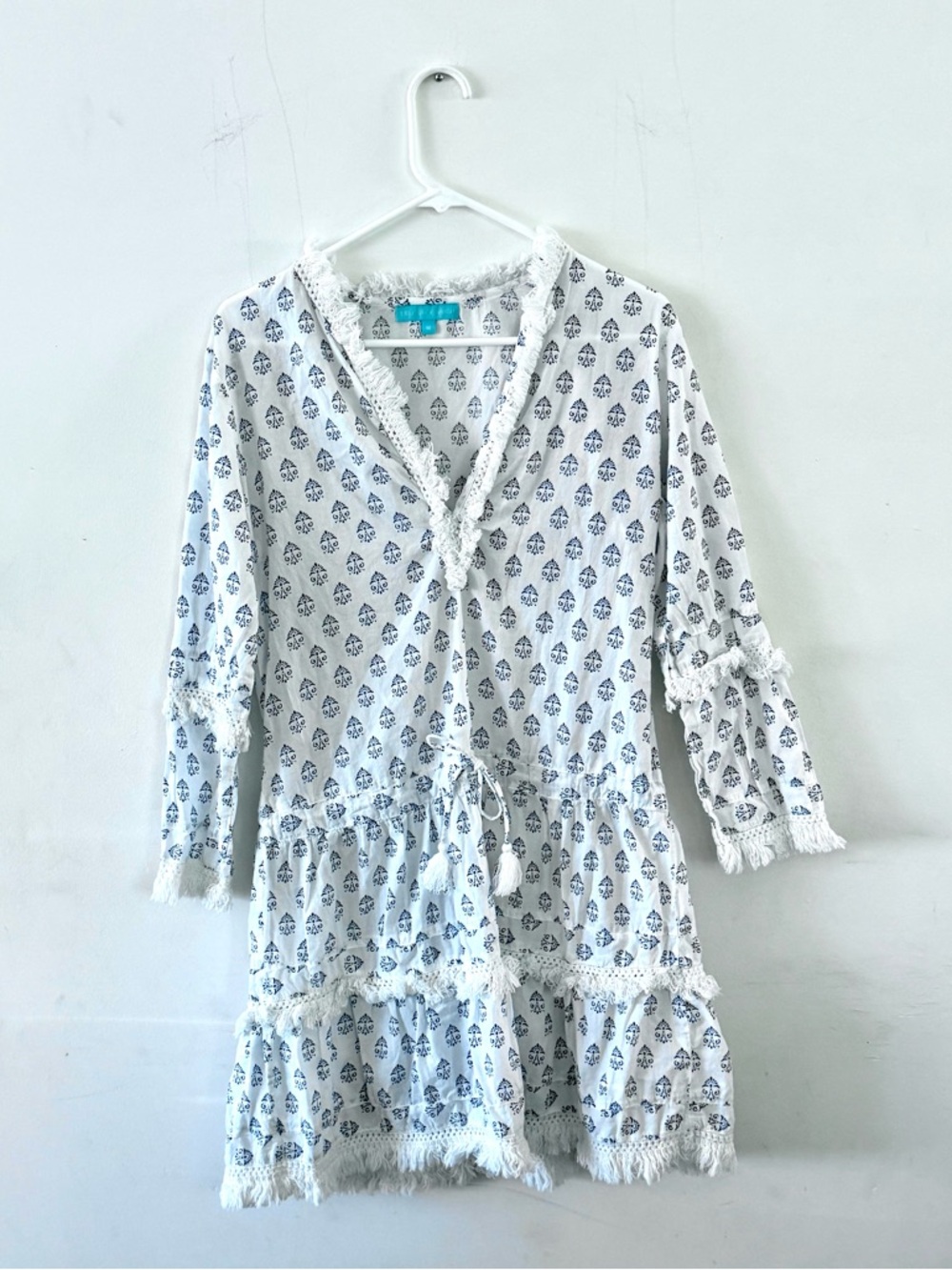 Melissa Odabash Claudia White Mini Dress with Navy Print, Coverup, Medium